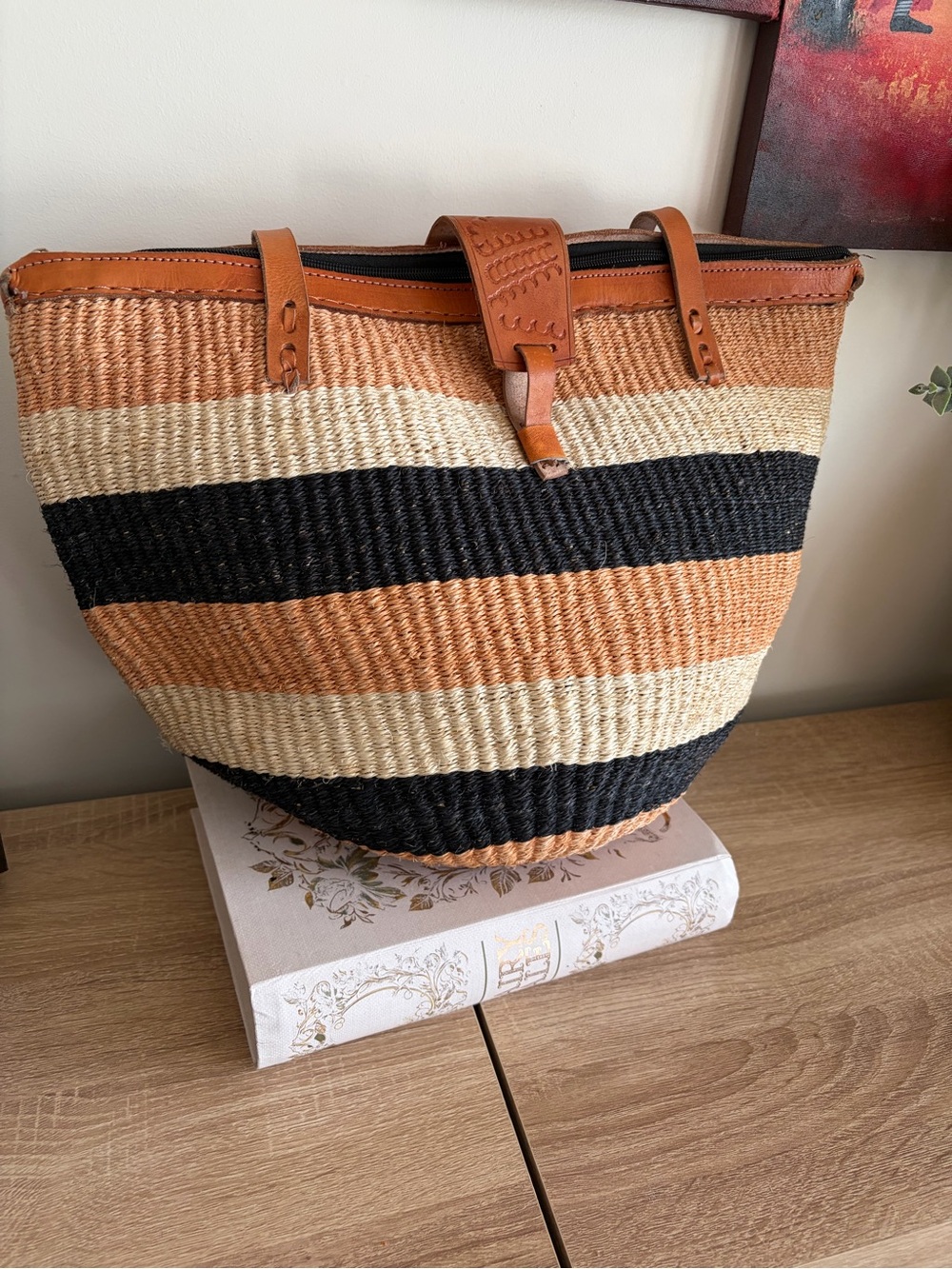 Striped Woven Tote Bag with Tan Trim